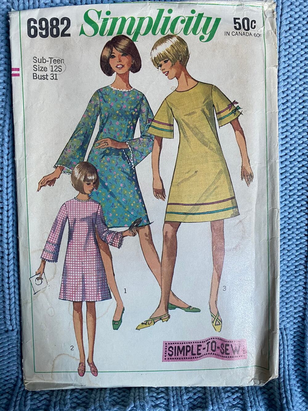 Simplicity 6982 Sewing pattern A line dress bell sleeve 1960s size 12